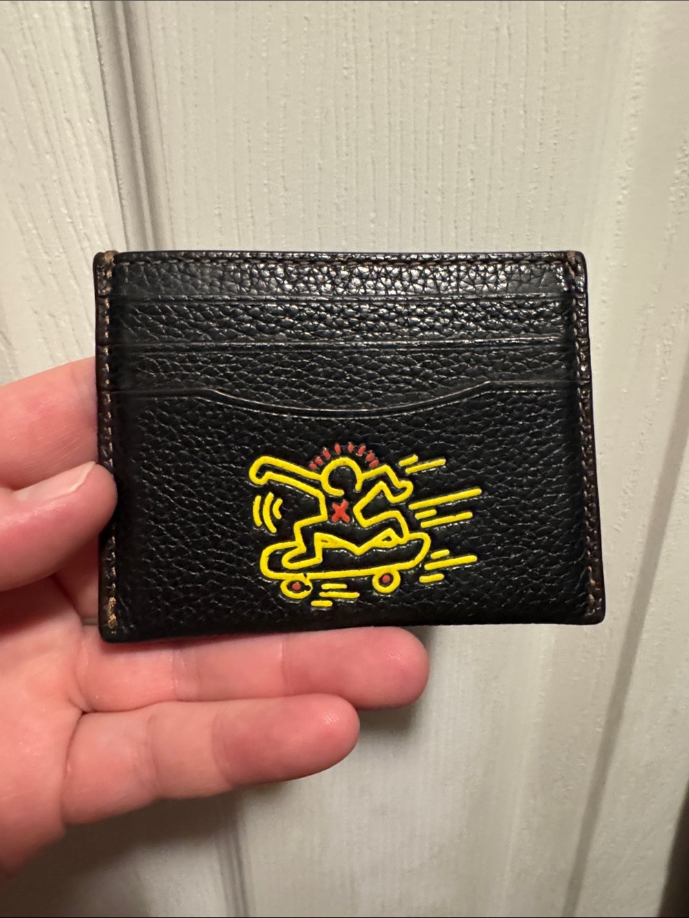 Coach Black Leather Card Holder with Yellow Skate Patch Keith Haring